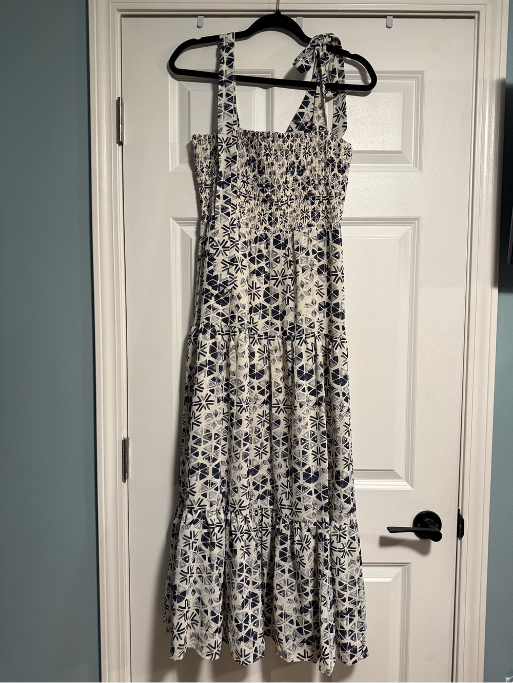Sam Edelman White and Navy Smocked Tie-Shoulder Maxi Dress